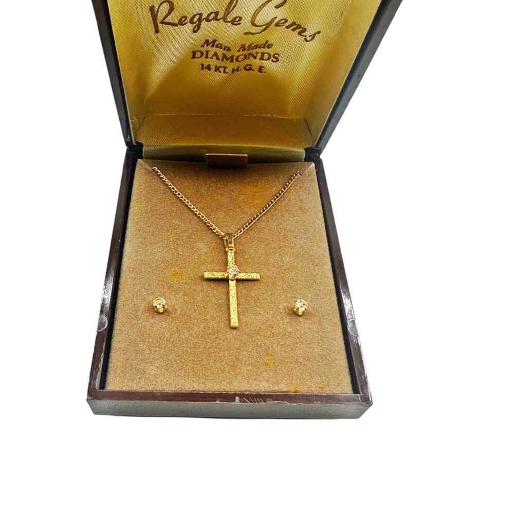 Vintage Regale Gems Cross Necklace & Earrings Set NOS